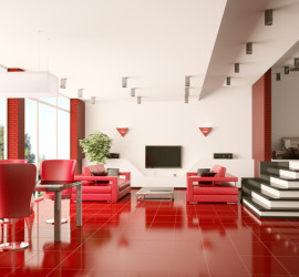 Modern apartment with red tiled floor interior panorama 3d render